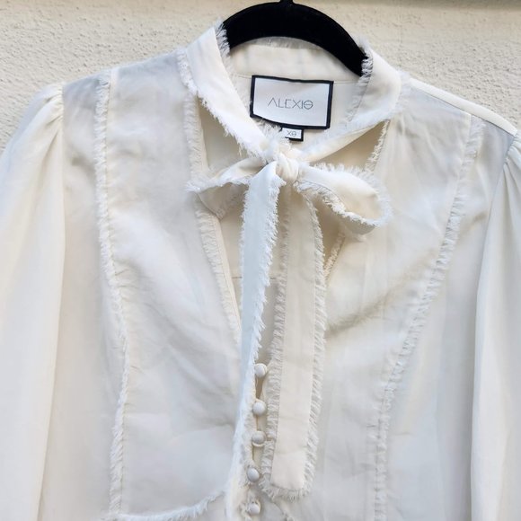 ALEXIS 100% Silk White Neck Tie Button Front Peasant Blouse - Picture 4 of 7